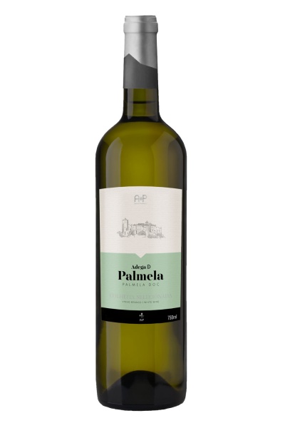 Garrafa de vinho branco Adega D Palmela com rótulo branco e verde claro