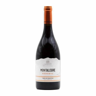 Garrafa de vinho Montalegre Reserva com rótulo branco e tampa laranja