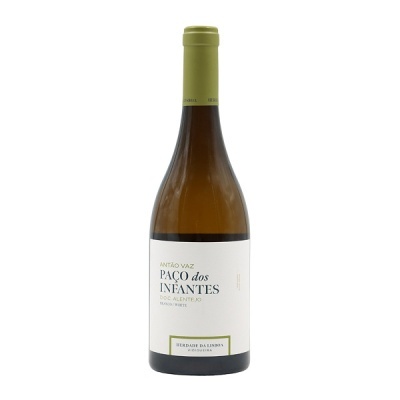 Garrafa de vinho branco Paço dos Infantes com rótulo branco e tampa verde-oliva