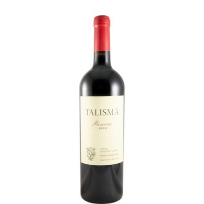 Garrafa de vinho Talismã Reserva 2019 com rótulo creme e selo vermelho.