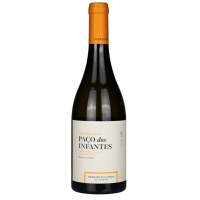 Garrafa de vinho branco Chardonnay com rótulo branco e tampa laranja