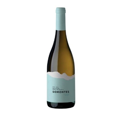 Garrafa de vinho branco com rótulo azul claro e texto SOMONTES