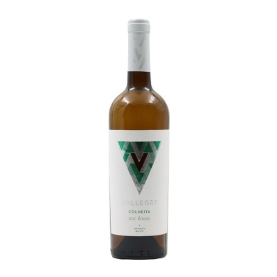 Garrafa de vinho branco Vallegre Colheita DOC Douro com rótulo branco