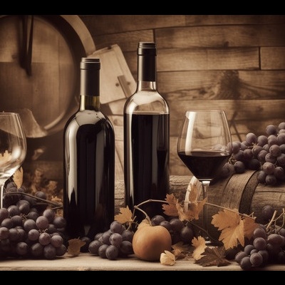 Duas garrafas de vinho tinto, taças, uvas e barris de madeira em ambiente rústico