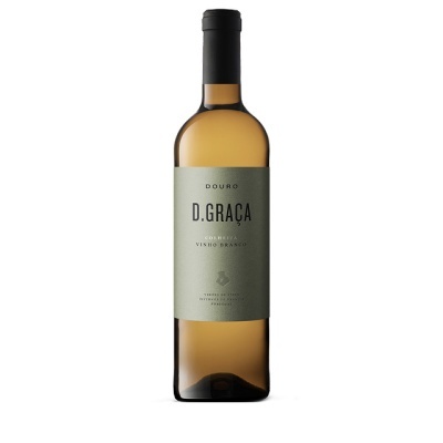 Garrafa de vinho branco D.Graça com rótulo cinza e texto preto