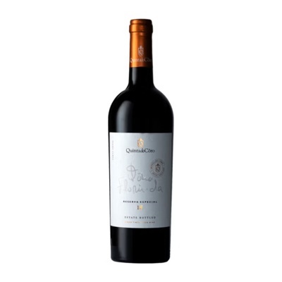 Garrafa de vinho QuintadoCôro Reserva Especial 13 com rótulo branco e tampa laranja