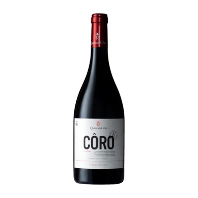 Garrafa de vinho tinto CÔRO com rótulo branco e selo vermelho