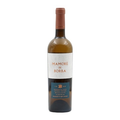 Garrafa de vinho branco Mamoré de Borba com rótulo branco e azul