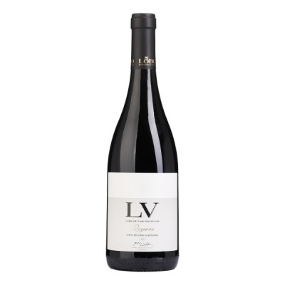 Garrafa de vinho tinto LV Reserva com rótulo branco e cápsula preta