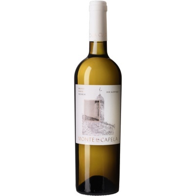 Garrafa de vinho branco Monte da Capela com rótulo e tampa brancos