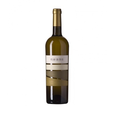 Garrafa de vinho branco Folha do Meio com rótulo branco e dourado