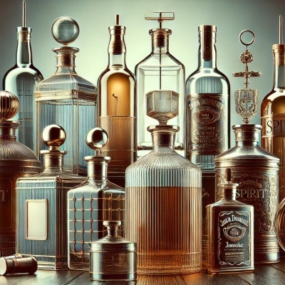 garrafas de vidro douradas e âmbar com rótulos SPIRIT e JACK DANIELS sobre mesa de madeira