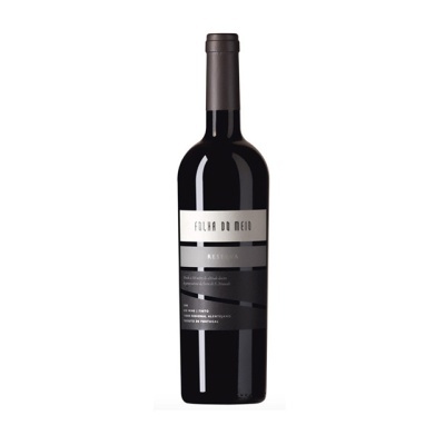 Garrafa de vinho tinto Folha do Meio Reserva com rótulo preto e branco