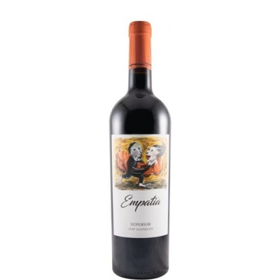 Garrafa de vinho tinto com rótulo Empatia e tampa laranja