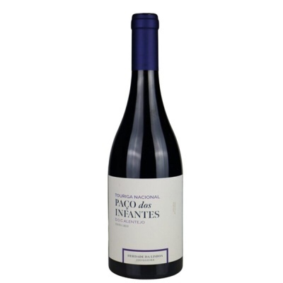 Garrafa de vinho tinto Paço dos Infantes com rótulo branco e tampa azul