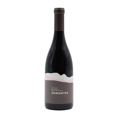 Garrafa de vinho tinto SOMONTES com rótulo cinza e rosa