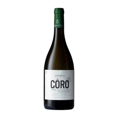 Garrafa de vinho branco Quinta do Côro com rótulo branco e texto CÔRO
