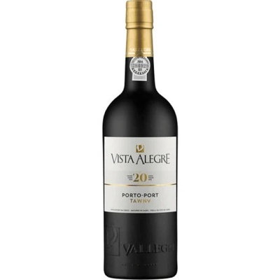 Garrafa de vinho do Porto Vista Alegre 20 anos Porto Tawny com rótulo branco e dourado