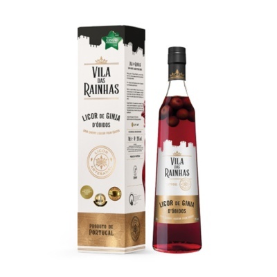 Garrafa de licor de ginja com caixa ao lado