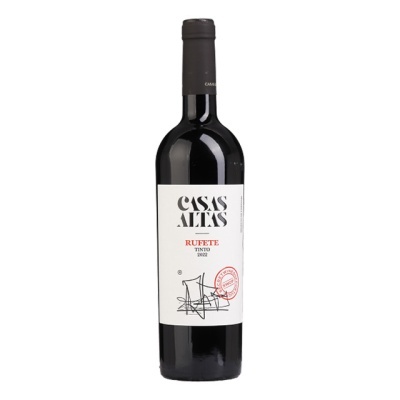 Garrafa de vinho tinto Casas Altas Rufete 2022 com rótulo branco