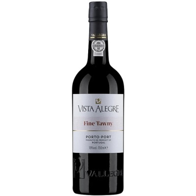Garrafa de vinho do Porto Vista Alegre Fine Tawny com rótulo branco e selo no gargalo