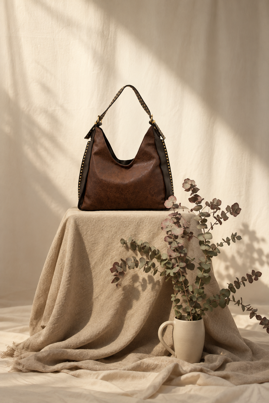 MALA CESALTINA Bolsa castanha em material sintético com detalhes em preto e tachas douradas pendurada num suporte coberto por tecido bege, ao lado de um vaso cerâmico bege com ramos verdes secantes.