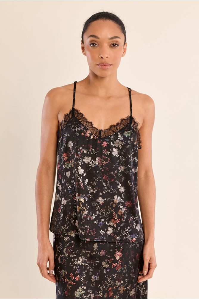 TOP BERTA Top preto com padrão floral colorido e renda preta nas alças
