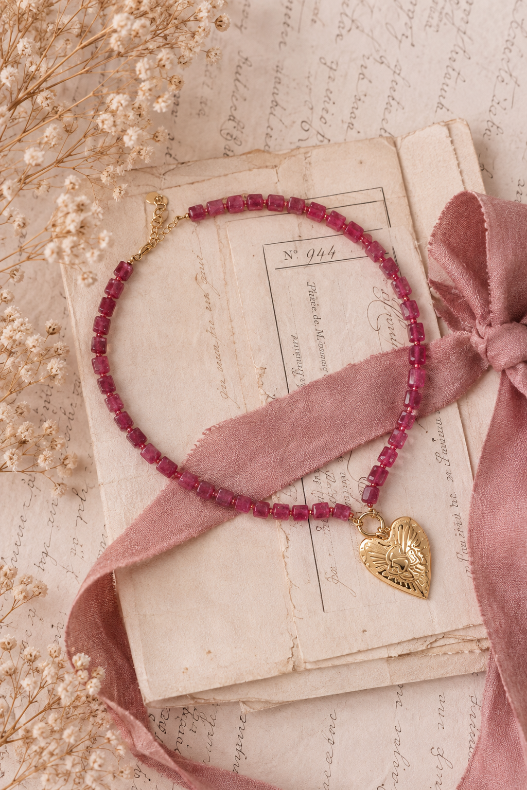 COLAR AMIRA Colar com contas vermelhas e pendente dourado em forma de coração