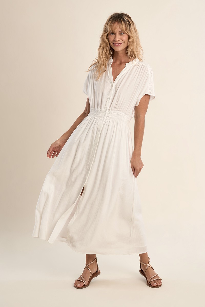 VESTIDO YIN Vestido comprido branco de botões com mangas curtas e cinto