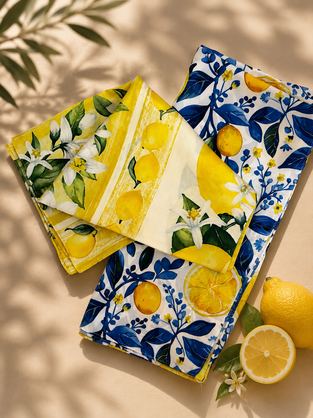 LENÇO LIMONCELLO Toalhas de tecido com estampas de limões e flores em amarelo, branco e azul