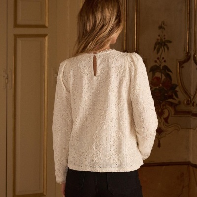 Blusa branca de renda com padrão floral vista de costas