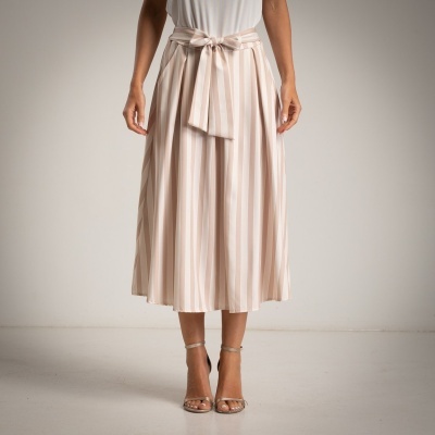 saia midi riscas bege e branco com laço na cintura