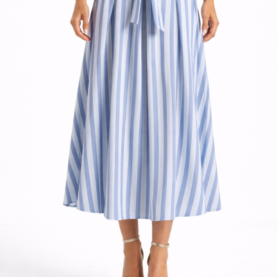Saia midi riscada azul e branca com laço frontal