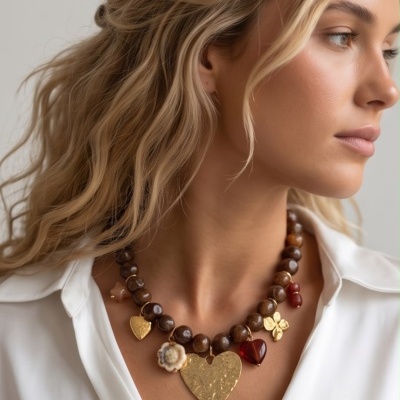 Colar com contas marrons e pingentes variados usados por mulher com camisa branca