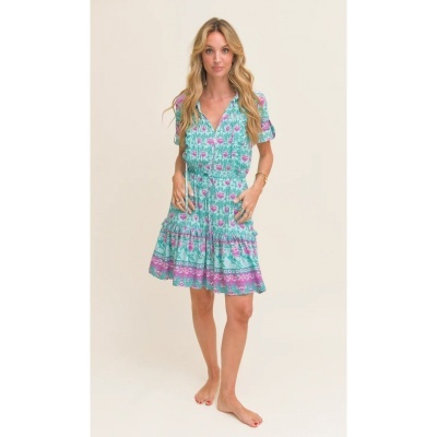 Vestido curto floral verde água com detalhes lilás e rosas