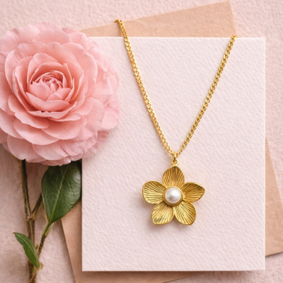 Colar dourado com pendente em forma de flor com pérola, sobre papel branco e flor rosa