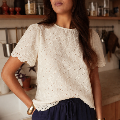 Blusa branca bordada com calças azuis e acessórios dourados numa cozinha.