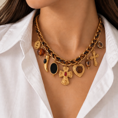 Colar dourado com pendentes variados em couro castanho e corrente, usado com camisa branca