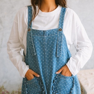 Jardineira de ganga azul com padrão de corações brancos e bolsos com folhos