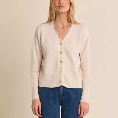 Camisola cardigan bege claro com botões e renda na gola