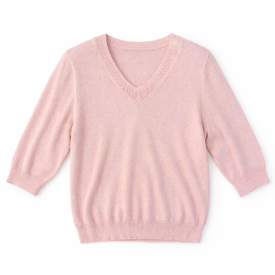 Camisola de malha rosa claro com brilho e decote em V