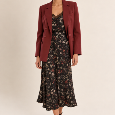 Modelo a usar veste bordeaux e vestido midi preto com flores e sandálias pretas