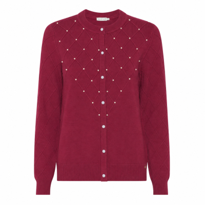 Cardigan feminino borgonha com padrão losangos e detalhes em pérolas