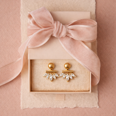 Brincos dourados com pedras em caixa bege e laço rosa