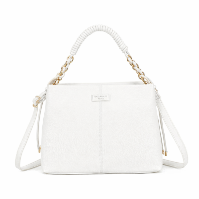 Mala branca de senhora com alça entrelaçada dourada e couro e correia ajustável