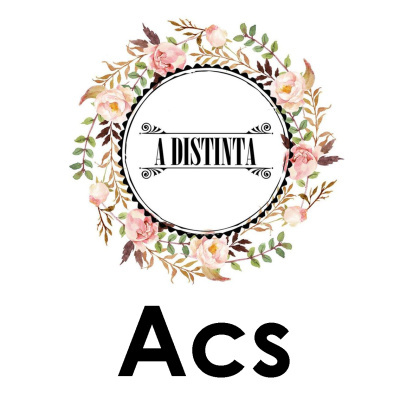 Logotipo floral circular com texto A DISTINTA e letras Acs em negrito