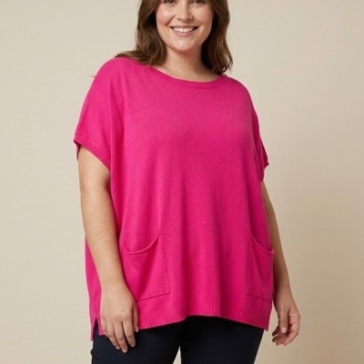 Camisola rosa semi-larga de malha com bolso frontal em tecido macio