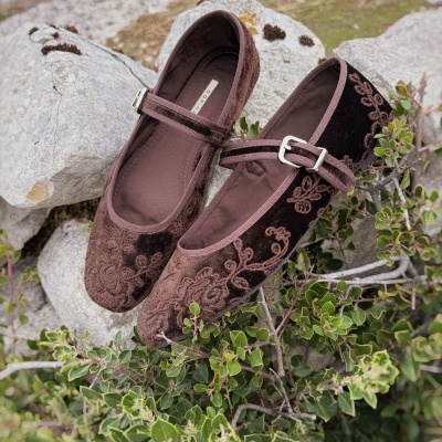Sapatos marrons de veludo com bordados florais, fivela metálica, sobre pedras e vegetação.