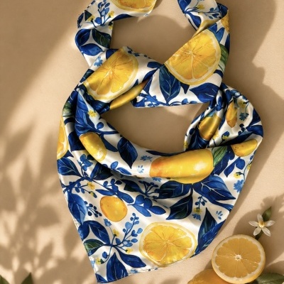 Lenço acetinado com estampa de limões amarelos e folhas azuis sobre superfície bege, acompanhado por dois limões reais, um cortado ao meio, com flor e folhas verdes.