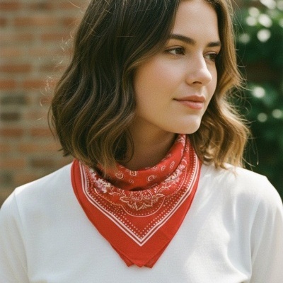 Mulher com lenço vermelho estampado ao pescoço e t-shirt branca